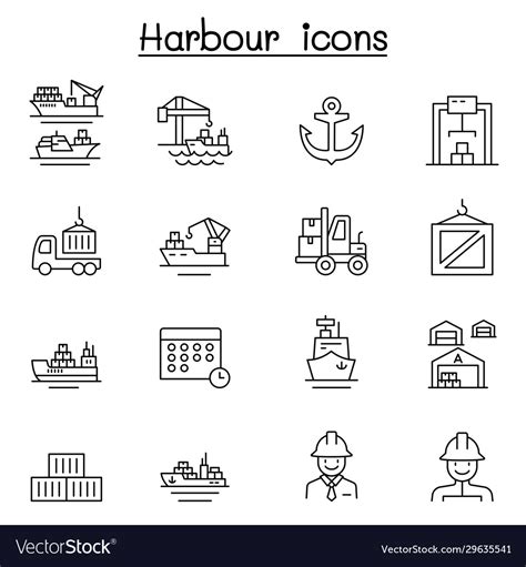 Port Icon Set In Thin Line Style Royalty Free Vector Image