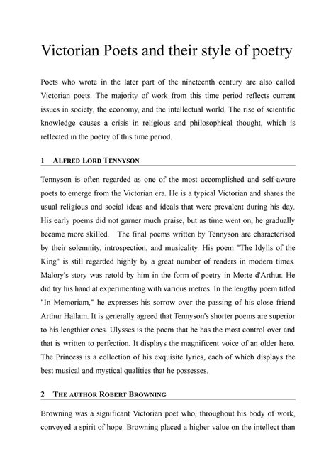 Victorian Poets and their style of poetry - The majority of work from ...