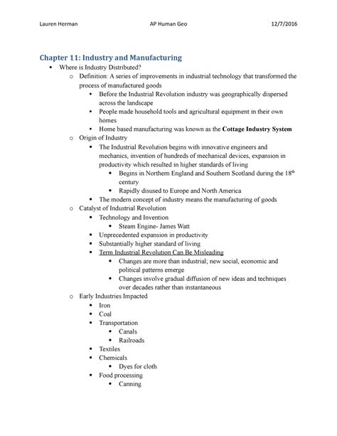 Unit Notes Ap Human Geography Unit Chapter Industry And