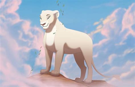 A White Lion Standing On Top Of A Rock Under A Blue And Pink Cloudy Sky