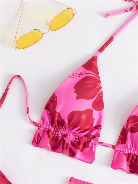SHEIN Swim Vcay Floral Print Bikini Set Halter Bra Hipster Bottom Beach Skirt 3 Piece