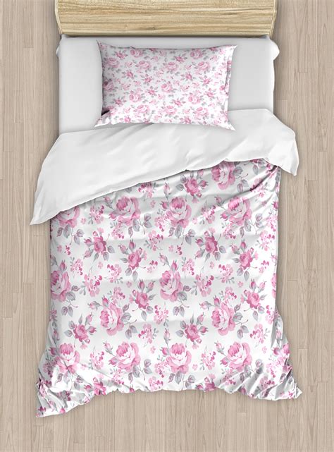 Shabby Flora Duvet Cover Set Pastel Roses Grey Leaves Garden Bedding