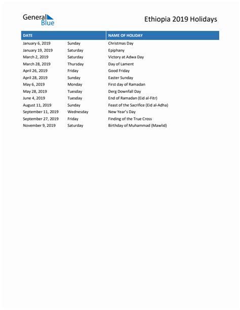 2019 Ethiopia List Of Holidays In Pdf Word And Excel