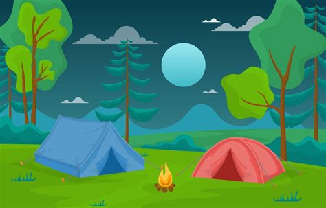 Camping Tents And Campfire In The Forest At Night Vector Art At