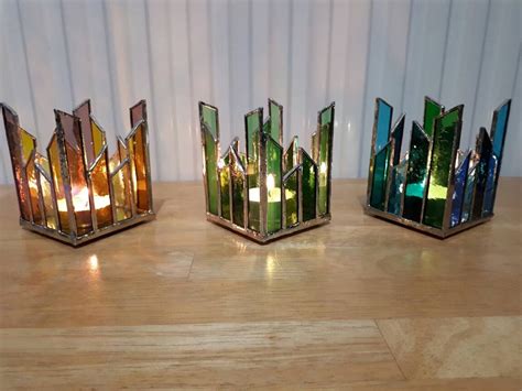 Stained Glass Tea Light Holder Home Decor Tealight Candle Holder Prism Geometric Art Deco Night