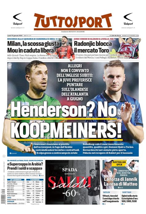 Revue De Presse Italienne Du 15 Janvier 2024 TuttoSport Corriere