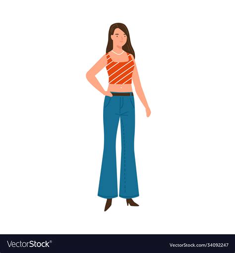 Trendy Woman Wearing Flared Denim Jeans And Top Vector Image