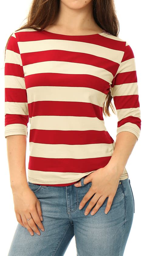 Womens Boat Neck Elbow Sleeves Slim Fit Basic Striped Tee Shirt Blouse