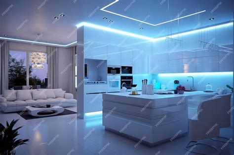 Premium AI Image | A white kitchen with a blue led light on the ceiling.