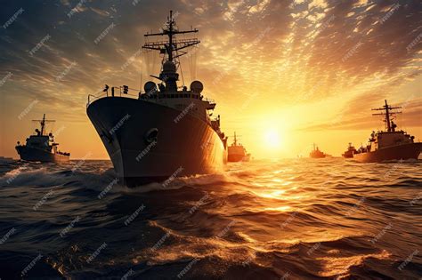 Premium Photo Cinematic Portrayal Military Navy Ships In A Sea Bay