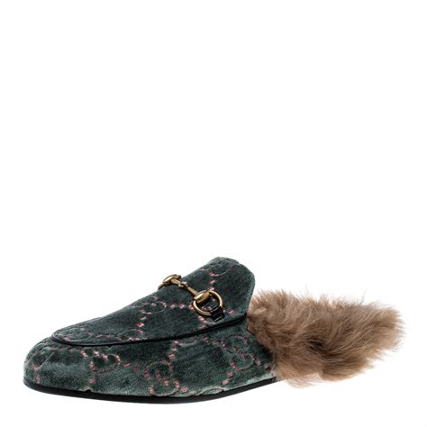 Gucci Greenbrown Velvet And Fur Lined Princetown Flat Mule Loafers