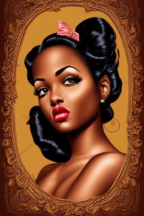 Beautiful Intricate Ebony Pinup Girl Vintage Detailed Portrait Illustration · Creative Fabrica