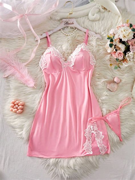 Contrast Lace Split Design Sexy Charm Women Nightgown With G String Lingerie Set Rave For