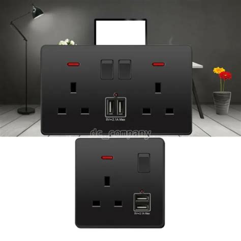 Double Wall Plug Socket 2 Gang 13a W 2 Usb Charger Port Outlets Black Plate Uk Eur 873