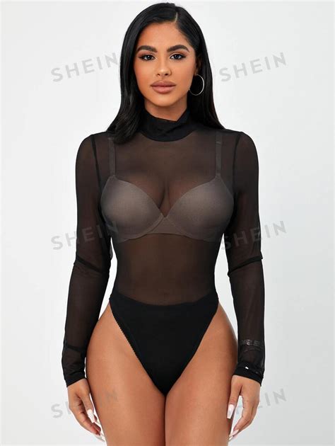 Shein Sxy Mesh Panel See Through Bodysuit Without Bra Shein Usa