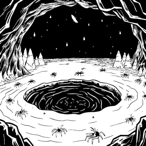 A Black And White Drawing Of A Cave With Spiders On It Premium Ai