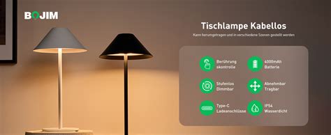 Bojim Tischlampe Akku Dimmbar Tischlampe Kabellos Touch Led Akku