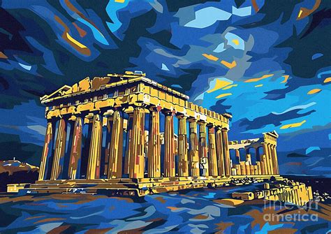 Athens Parthenon Standing Stark Against The Dark Sky Painting By