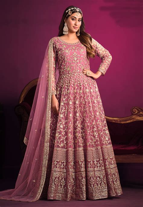 Net Embroidered Long Anarkali Suit In Pink Colour 5301