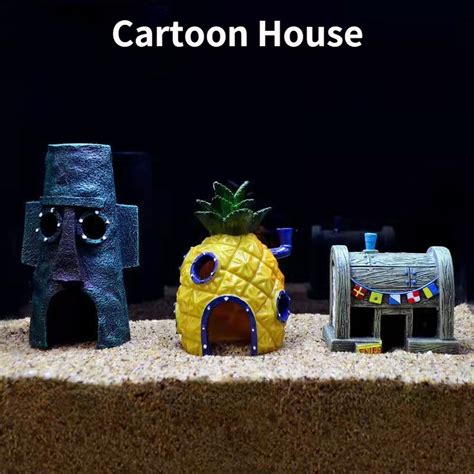 Aquarium Sponge Bobs Decoration Cartoon House for Fish Shrimp Shelter ...