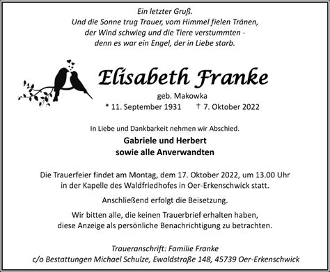 Traueranzeigen Von Elisabeth Franke Sich Erinnern De