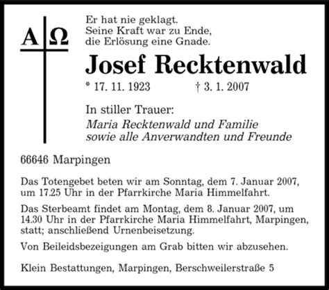 Traueranzeigen Von Josef Recktenwald Saarbruecker Zeitung Trauer De