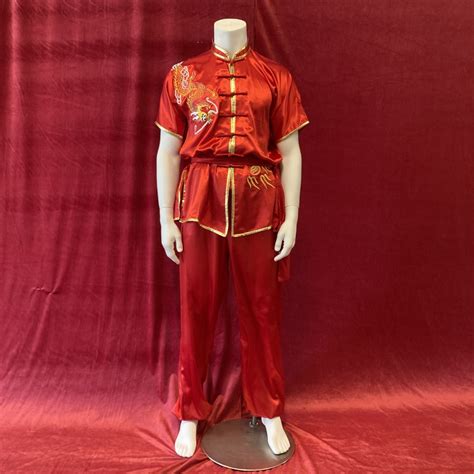 Wushu Kung Fu Uniform Satin Dragon Embroidery Red Kungfu Supply