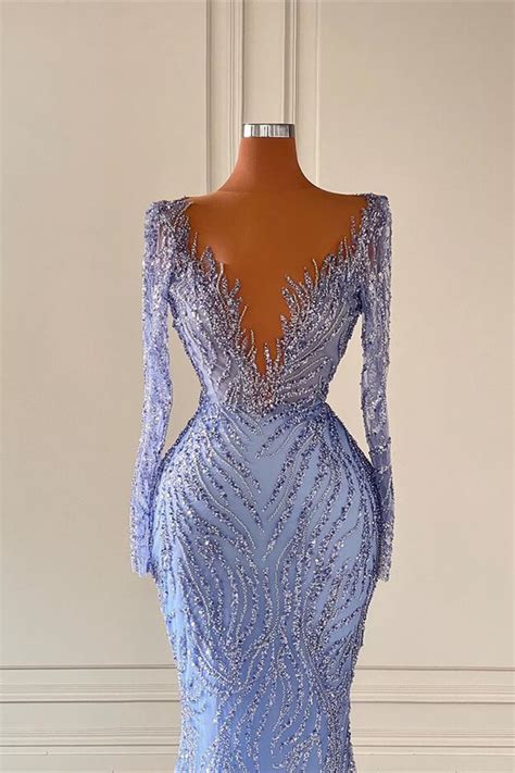 Daisda Elegant Long Sleeves V Neck Mermaid Evening Dress With Sequins