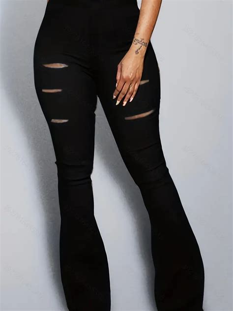 Plus Size Casual Leggings Womens Plus Solid Ripped High Temu