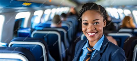 Premium Photo Africanamerican Flight Attendant In The Cabin Of The