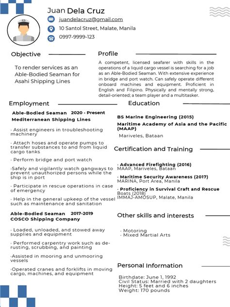 Sample Seafarer Resume Download Free Pdf Sailor Port