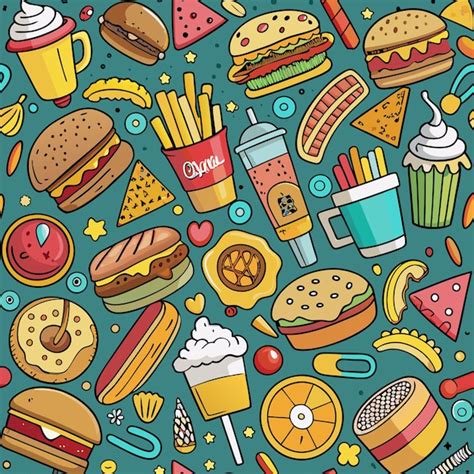 Cartoon Seamless Pattern With Fast Food Elements Premium AI Generated