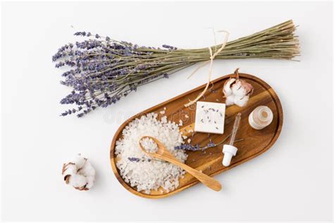 Sea Salt Lavender Soap And Serum On Wooden Tray Stock Photo Image Of