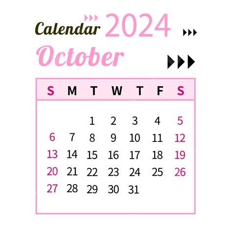 October 2024 Calendar Simple Pink 2024 October Calendar Png And