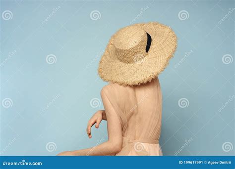 Woman In Hat With Naked Back On Blue Background Model Back View Stock Image Image Of Body
