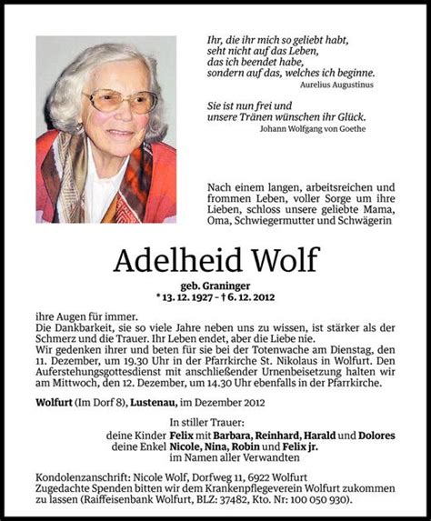 Todesanzeigen Von Adelheid Wolf Todesanzeigen Vorarlberger Nachrichten