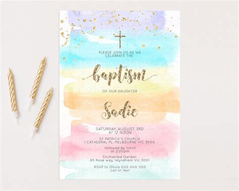 Rainbow Baptism Invitation Pastel Rainbow Christening Invite Etsy