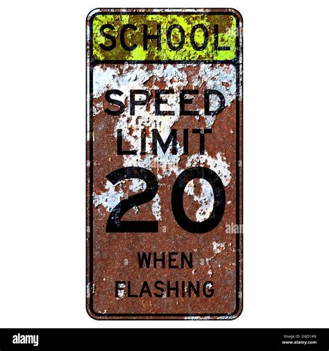 Old Rusty American Road Sign School Speed Limit When Flashing Stock