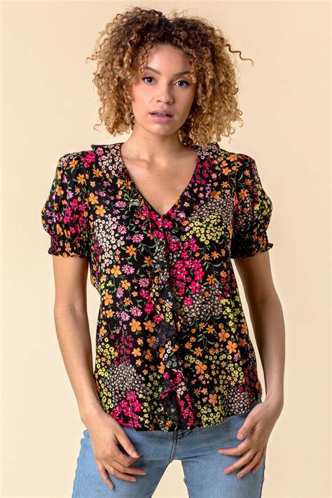 Floral Print Frill Detail Blouse In Multi Roman Originals Uk