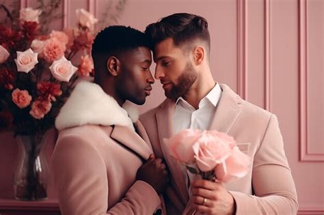 Premium AI Image Cute Couple White Man And Black Man On Valentine S Day LGBT Couple Gay
