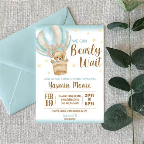 Blue Hot Air Balloon Teddy Bear Themed Baby Shower Invitation Zazzle