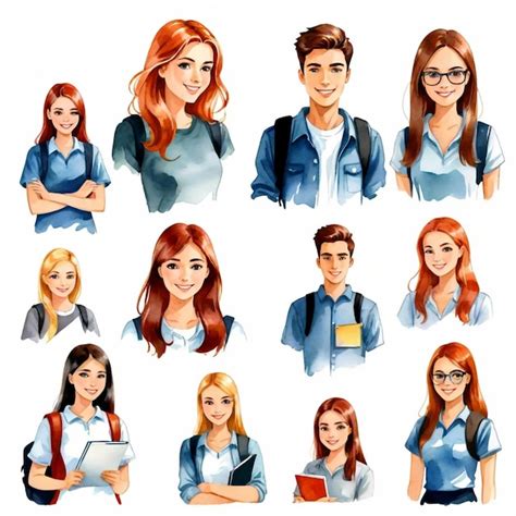 College Students Vector Set White Background Isolated A High Quality