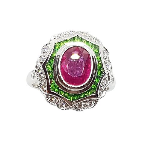 Ruby With Tsavorite And Diamond Ring Set In 18 Karat White Gold