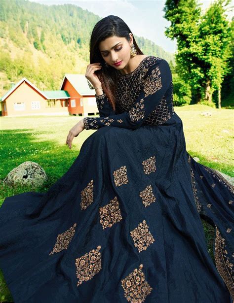 Bollywood Prachi Desai Navy Blue Silk Indian Wedding Anarkali