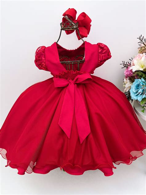 Vestido Infantil Vermelho Renda Batizado Voal Princesas Luxo Rosa