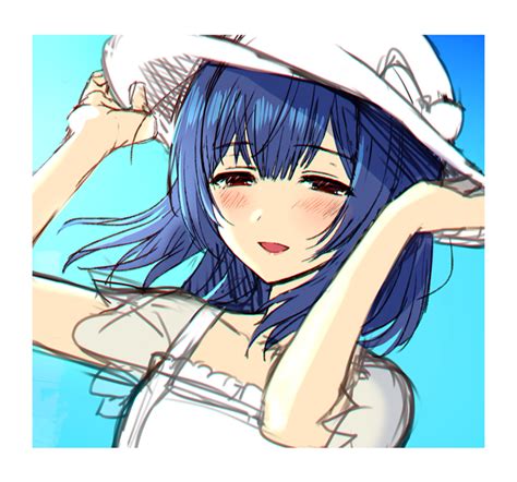 Safebooru D Arms Up Blue Background Blue Hair Blush Bow Brown Eyes