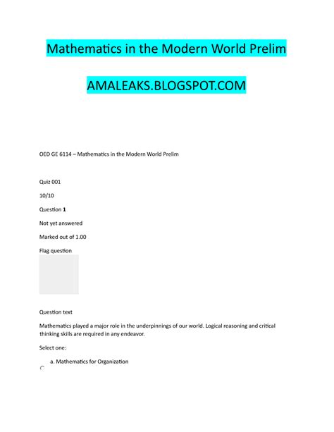 Math In Mordern World All Prelim Answer Key Mathematics In The Modern