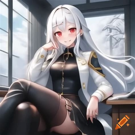 White Haired Anime Woman With Yandere Smile And Red Eyes In Black