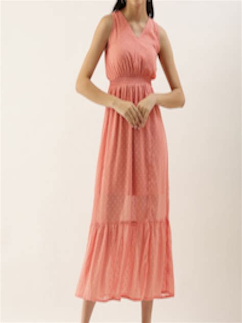 Buy And Women Peach Coloured Self Designed A Line Midi Dress Dresses