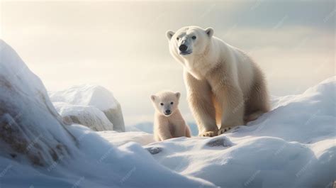 Ein Großer Weißer Eisbär Mit Einem Kleinen Bärenjungen Im Felsen Mit Schnee Ai Generiertes Bild